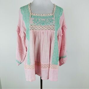 Ivy Jane Pink Embroidered Balloon Sleeve Top Size Small